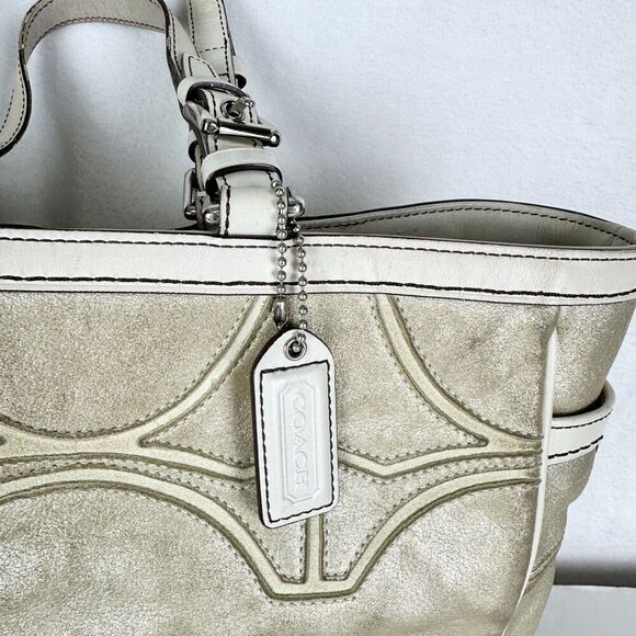 Coach Gallery Outline Metallic Leather Tote Purse Champagne Gold Signature Logo - Picture 6 of 10